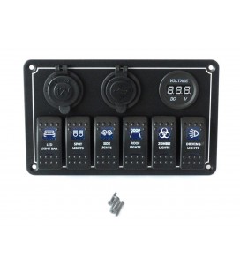 Jungiklis 12/24V ON-OFFx6, 1xZ, 2xUSB 3.1A , 1 LED volt, 3xB 15A IP68 (mėlynas)