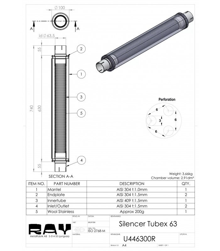 Duslintuvas Round 125mm L-625mm D-63 SS U446300R (SIMONS)
